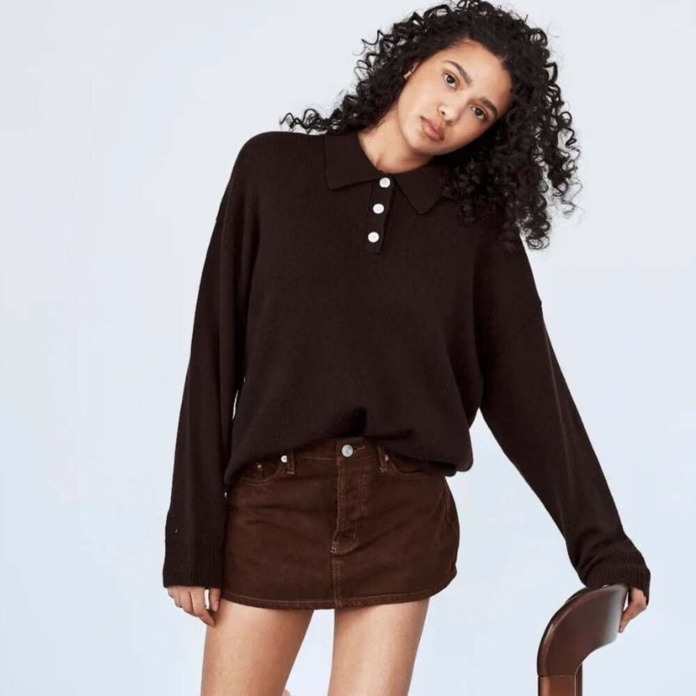 Parke Polo Knit Preppy Cashmere Wool Chocolate Brown Oversize Sweater S/M
